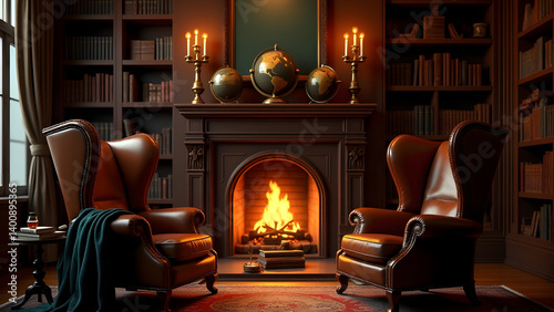 Library fireplace lights leather chairs and antique globes. Brandy decanter and smoking jacket complete intellectual romantic evening.