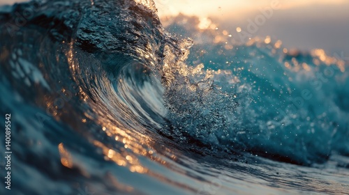 Fototapeta Naklejka Na Ścianę i Meble -  Ocean Wave Crashing with Golden Light Reflections Close-up