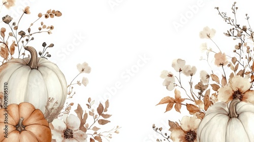 Autumn Watercolor Pumpkins   Flowers  Thanksgiving Design