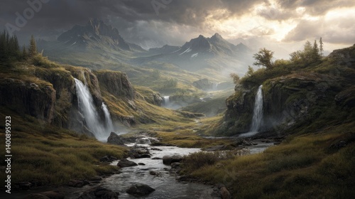 Waterfall Scenery in Mountain Valley Under Cloudy Sky