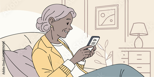 Relaxed mature old 60s woman, older middle aged female customer holding smartphone using mobile app, texting message, search ecommerce offers on cell phone technology device sitting on couch at home