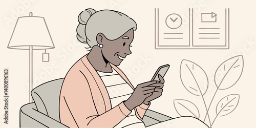 Relaxed mature old 60s woman, older middle aged female customer holding smartphone using mobile app, texting message, search ecommerce offers on cell phone technology device sitting on couch at home