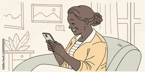 Relaxed mature old 60s woman, older middle aged female customer holding smartphone using mobile app, texting message, search ecommerce offers on cell phone technology device sitting on couch at home