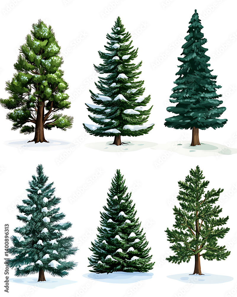Obraz premium illustrations of various trees, leaves, grasses, and botanical elements on white background.
