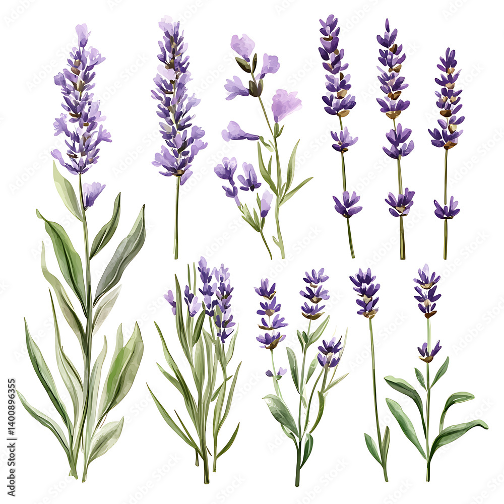 Obraz premium illustrations of various trees, leaves, grasses, and botanical elements on white background.