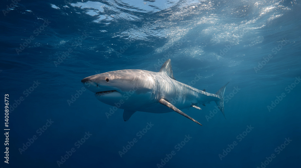 Obraz premium Great white shark underwater ocean predator wildlife marine life sea animal dangerous shark species nature