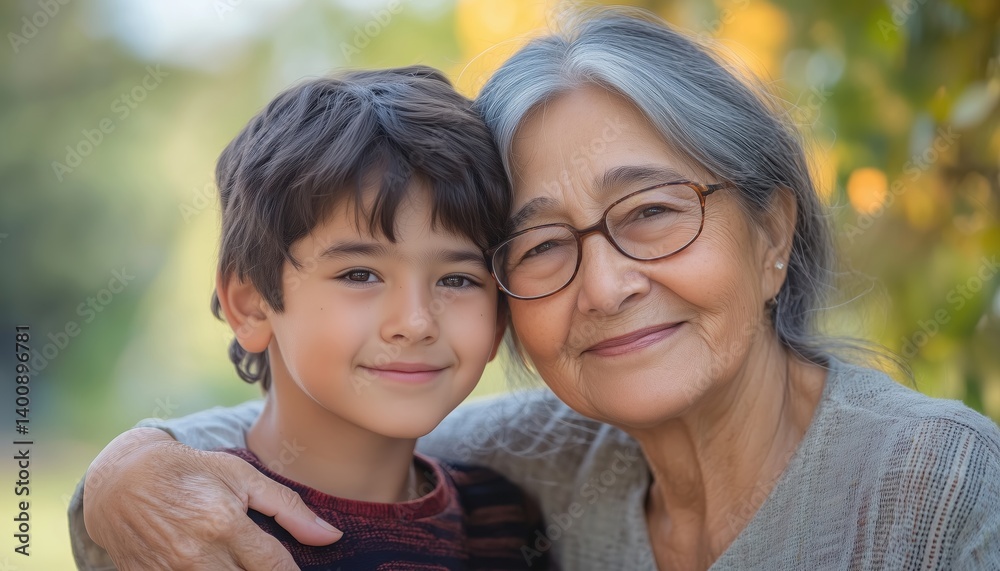 Joyful Grandma And Grandson Hugging In The Great Outdoors: A Heartwarming Moment Shared Between Generations In Nature. Joyful Grandma And Grandson Hugging In The Great Outdoors: A Heartwarming Moment Shared Between Generations In Nature.