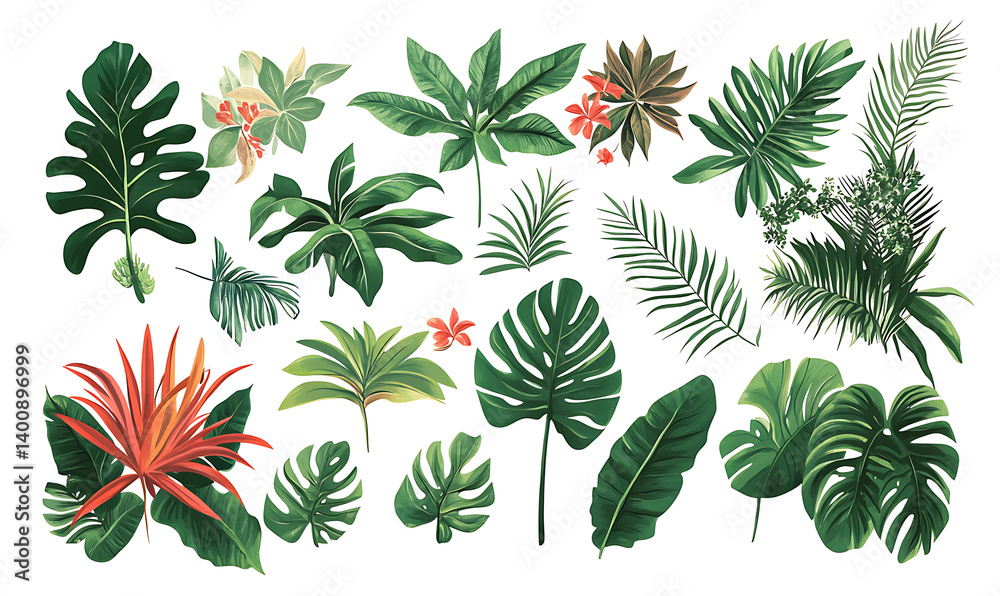 illustrations of various trees, leaves, grasses, and botanical elements on white background.