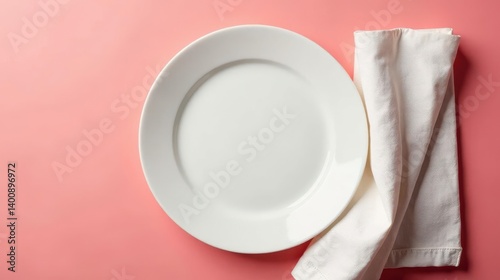 Empty white plate and off-white napkin on a coral background, minimalist table setting, simple elegance