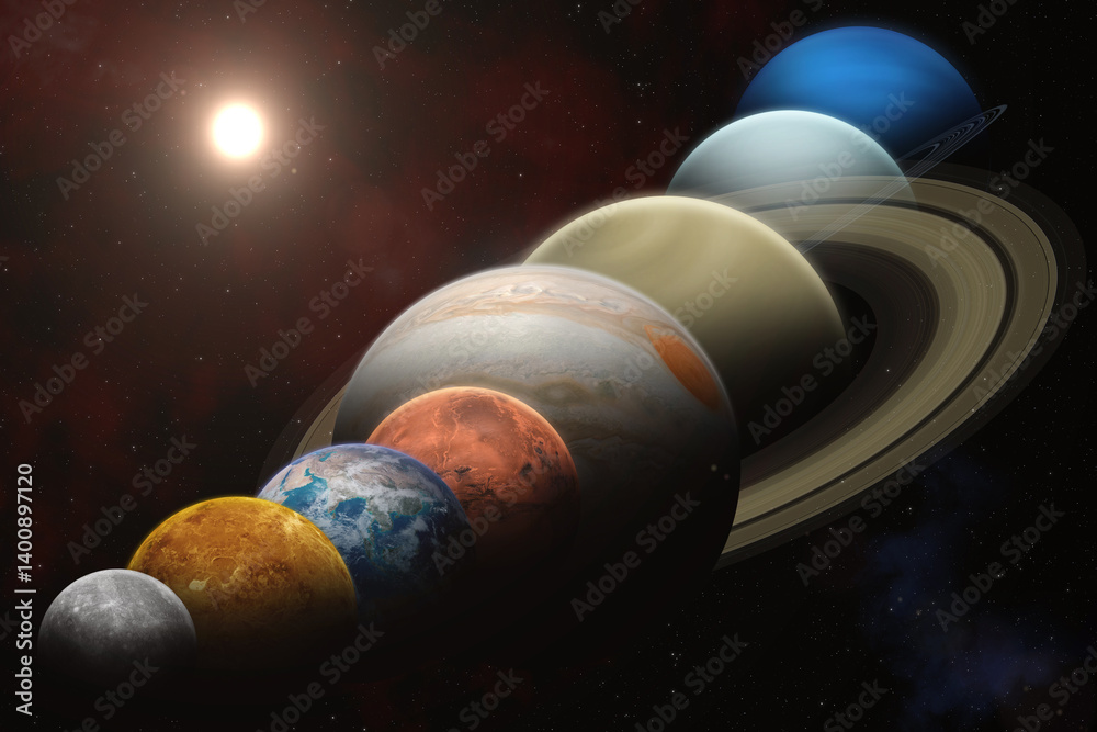 A planetary alignment or a planet parade see eight planets. Mercury, Venus, Earth, Mars, Jupiter, Saturn, Uranus and Neptune. Solar System planets.