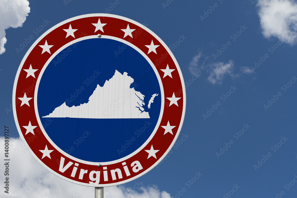 Virginia map with stars on a US red, white and blue road sign