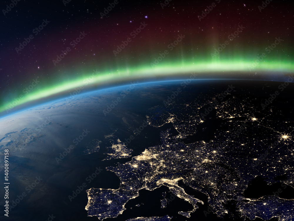 Earth at Night and Northern Lights. Planet Earth from the space at night and Aurora Borealis related to the earth's magnetic field.