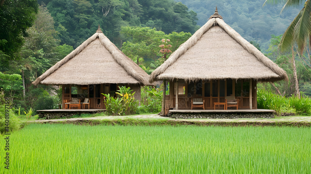 Thatched Roof Huts Amidst Lush Greenery in Tropical Setting with Wooden Accents and Abundant Sunlight Thatched Roof Huts Amidst Lush Greenery in Tropical Setting with Wooden Accents and Abundant Sunlight