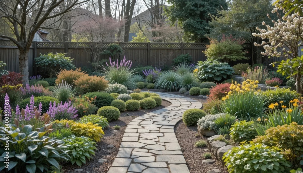 Obraz premium Serpentine Stone Path Winding Through Lush Spring Garden