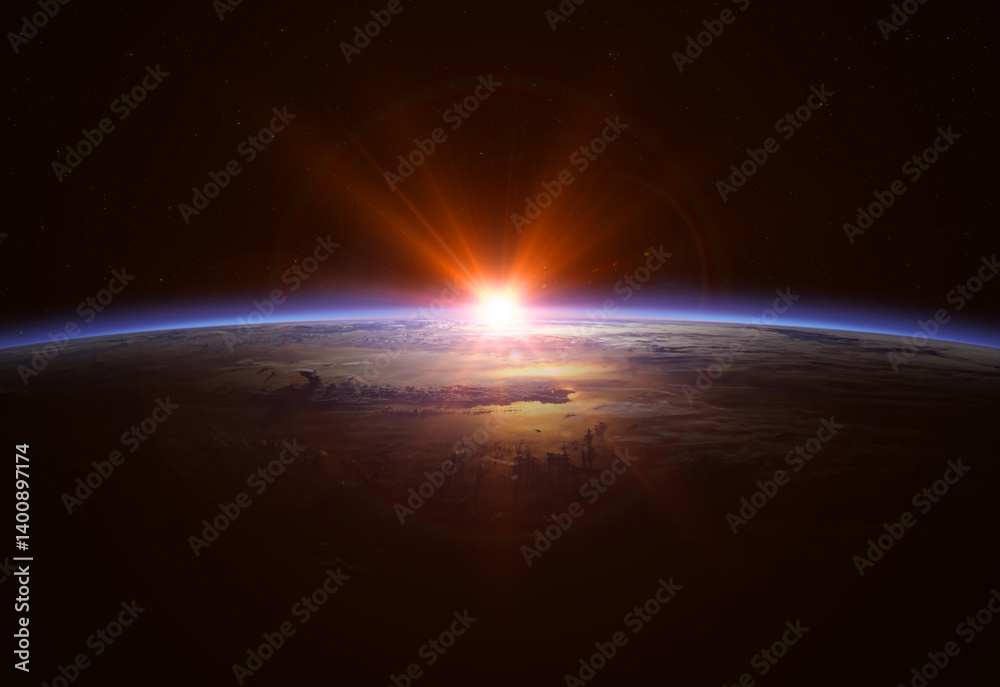 Planet Earth in outer space on background of stars. Sunrise view of the planet Earth from space. View from orbit.