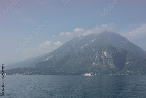 Obraz na płótnie Como Lake landscape. Village, trees, water and mountains. Italy, Europe. Nature banner w salonie
