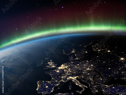 Obraz na płótnie Earth at Night and Northern Lights. Planet Earth from the space at night and Aurora Borealis related to the earth's magnetic field. w salonie