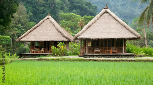 Thatched Roof Huts Amidst Lush Greenery in Tropical Setting with Wooden Accents and Abundant Sunlight