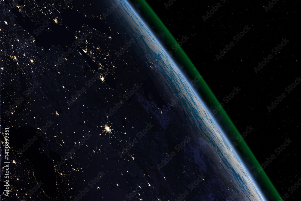 Night Earth planet in outer space. Central and Eastern Europe. City lights on planet. Atmosphere and ozone layer.