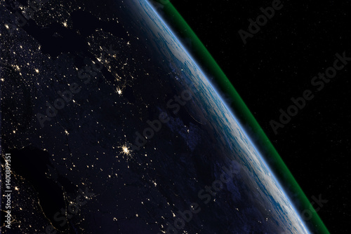 Obraz na płótnie Night Earth planet in outer space. Central and Eastern Europe. City lights on planet. Atmosphere and ozone layer. w salonie