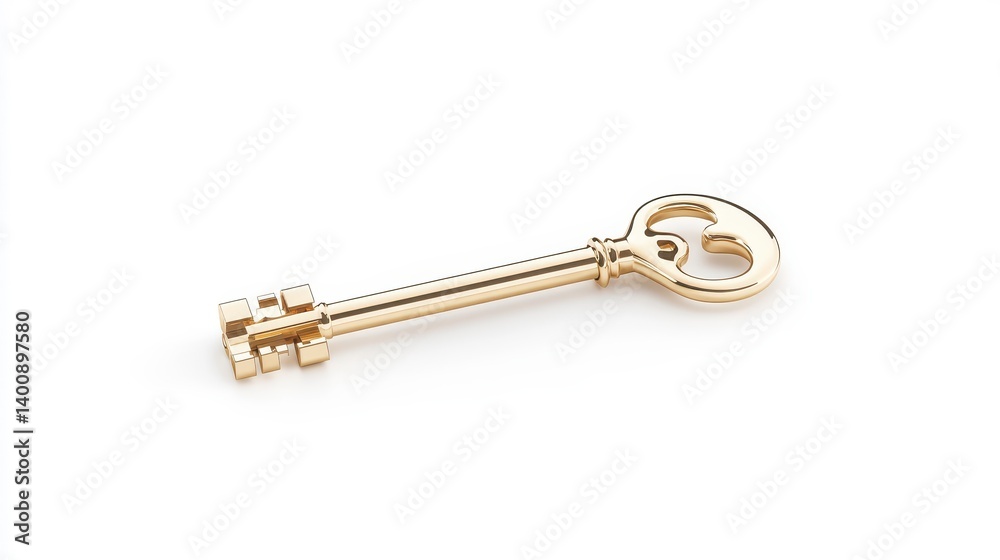 Bright Golden Key on Smooth Reflective Surface Bright Golden Key on Smooth Reflective Surface
