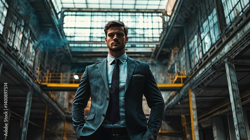 Wallpaper Mural Confident man dressed in suit stands in industrial warehouse setting with natural light streaming through windows Torontodigital.ca