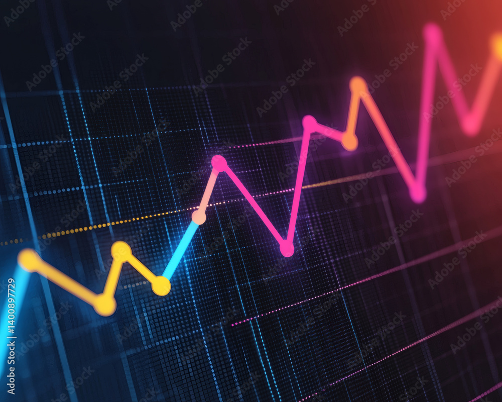 Naklejka premium A vibrant, stylized graph with colorful lines representing data trends against a dark background.