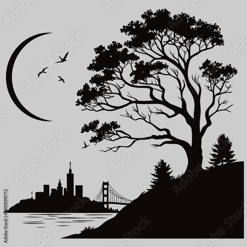 Giant moon behind a silhouetted city silhouette vector design art and illustration
