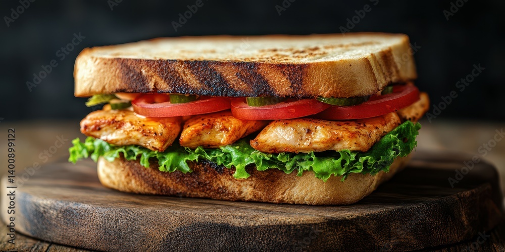 Delicious grilled chicken sandwich with fresh vegetables on toasted bread served on a wooden board Delicious grilled chicken sandwich with fresh vegetables on toasted bread served on a wooden board