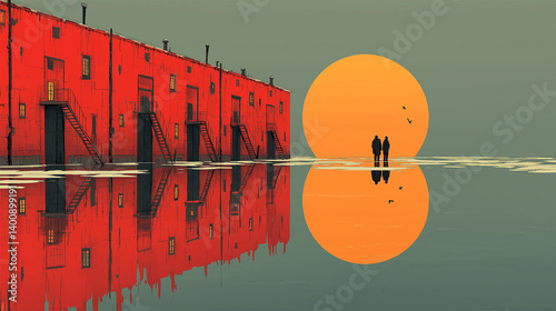 Holocaust minimalist vector art with red barracks, sunset reflection and two lone figures

