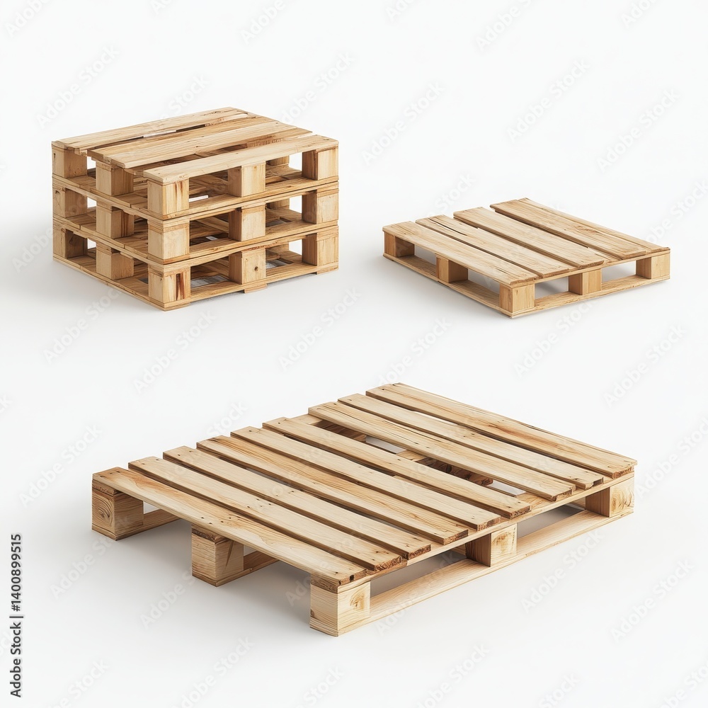 Three wooden pallets stacked and arranged on a plain background Three wooden pallets stacked and arranged on a plain background