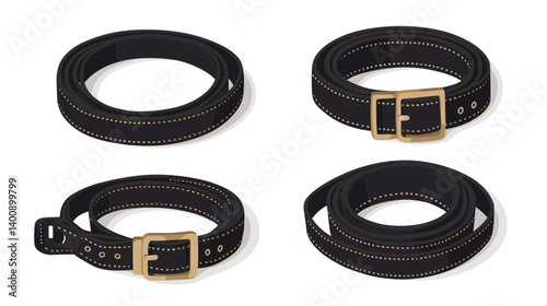 Black Leather Belts with Gold Buckles: Isometric View