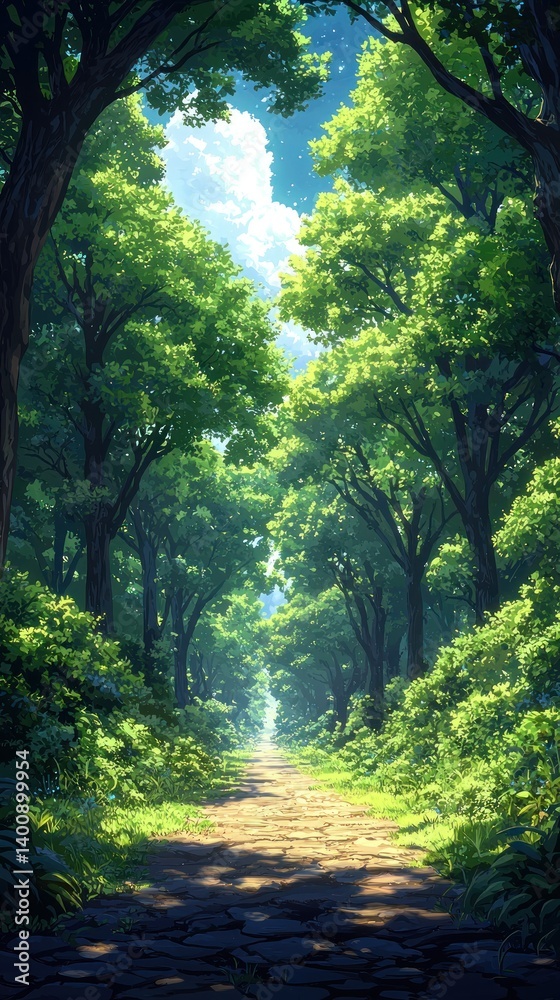 Enchanted path through the forest with dappled sunlight and lush foliage Enchanted path through the forest with dappled sunlight and lush foliage