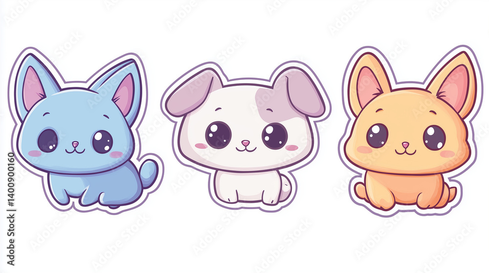 Naklejka premium Kawaii Animal Sticker Set Isolated on White Background