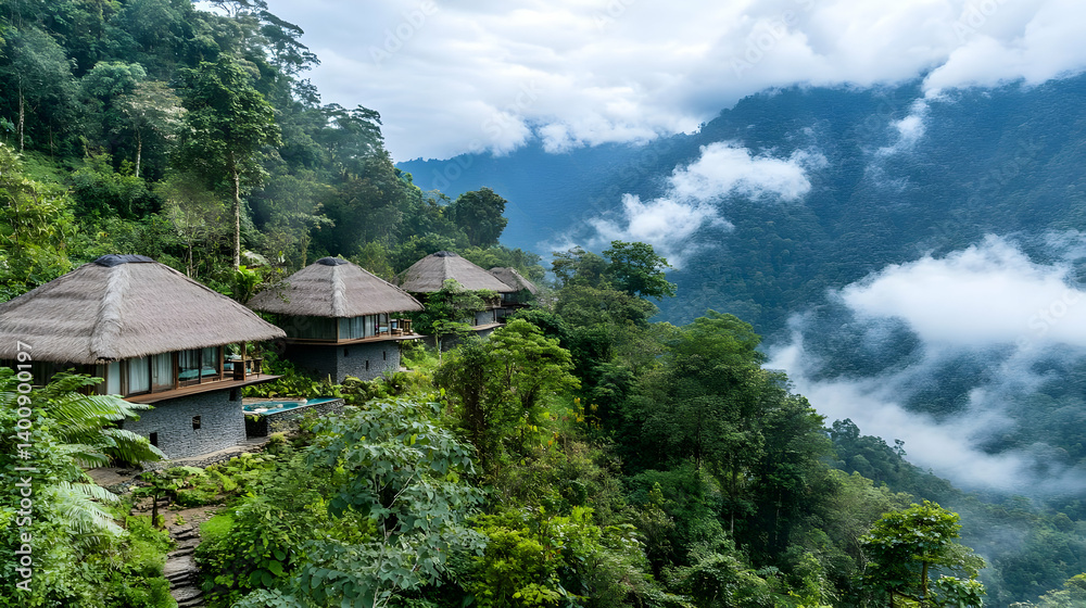 Thatched Roof Huts on Lush Green Mountain Slope Under Overcast Sky Surrounded by Dense Tropical Forest