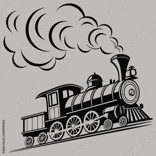 Steam locomotive with smoke billowing silhouette vector design art and illustration