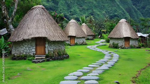Thatched Roof Huts with Stone Pathway in Lush Green Landscape with Abundant Vegetation Outdoor Under Overcast Sky