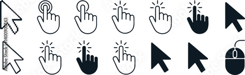 Mouse cursor and hand pointer icon set outline clicking hand, computer arrow, touchscreen gesture vector symbols for UI and UX