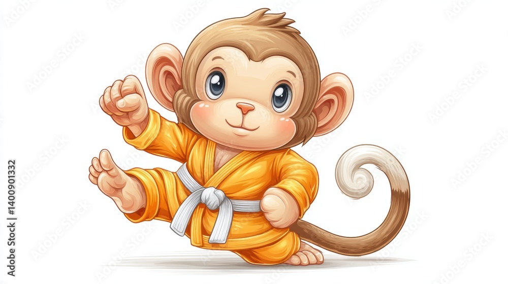 Fototapeta premium A cute cartoon monkey in a martial arts uniform, performing a karate move with a playful expression.
