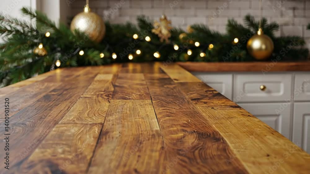 Rustic wood countertop decorated with evergreen garland, golden ornaments, and string lights in cozy white kitchen interior