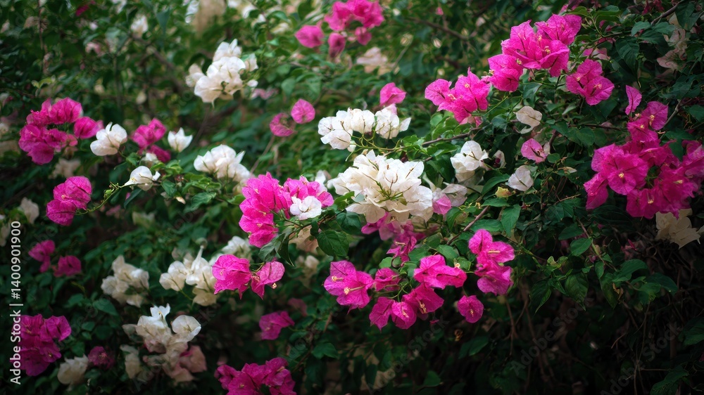 Fototapeta premium Bush of bougainvillea with pink and white flowers in full bloom. A natural beauty.