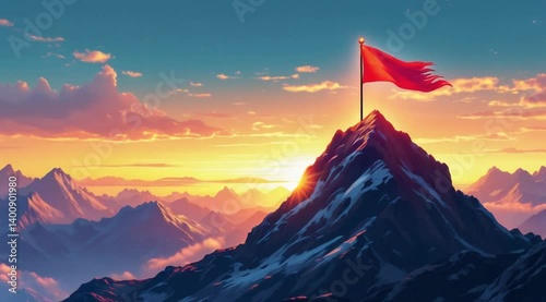 Red flag atop mountain peak at sunrise. Motivational scene. Possible use Inspiration, achievement
