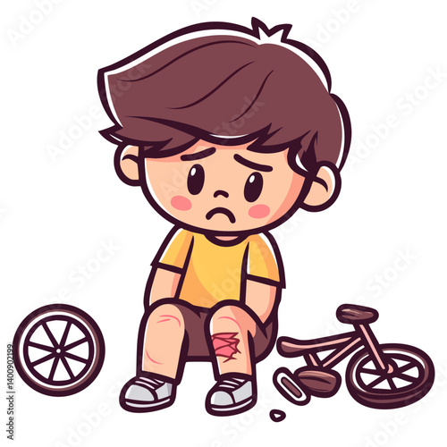 Sad boy with injured knee, man sitting near broken bicycle, cyclist in a street traffic accident, hand drawn doodle cartoon character clip art, isolated simple vector illustration