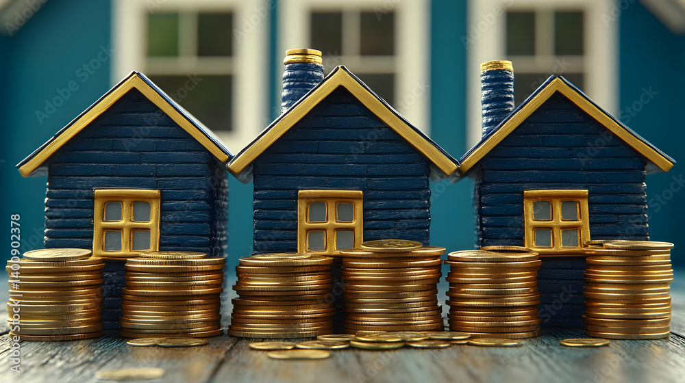 Three Miniature Blue Houses on Golden Coin Stacks Against a Blurred House Window Background on Wooden Surface