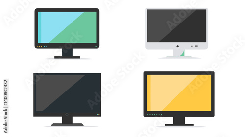 Flat Design Computer Monitors: Blue, Green, Yellow, Black Screens