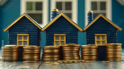 Obraz na płótnie Three Miniature Blue Houses on Golden Coin Stacks Against a Blurred House Window Background on Wooden Surface w salonie