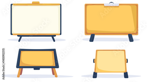 Four Blank Boards On Stands: Whiteboard, Corkboard, And Two Variations