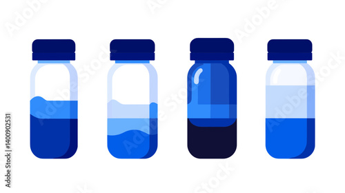 Four Blue Glass Bottles with Varying Liquid Levels