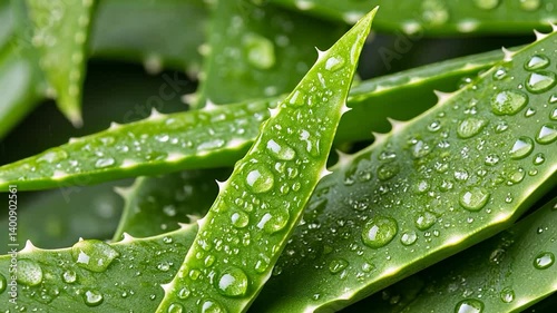 Close-up view of fresh aloe vera leaves with water droplets, showcasing their vibrant green texture