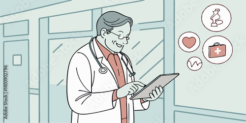 Smiling old middle aged doctor holding using digital tablet standing in hospital looking at camera. Online healthcare telemedicine ehealth services,medical internet technology apps,telehealth concept